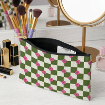 Aesthetic Olive & Pink Floral Checkerboard Pouch