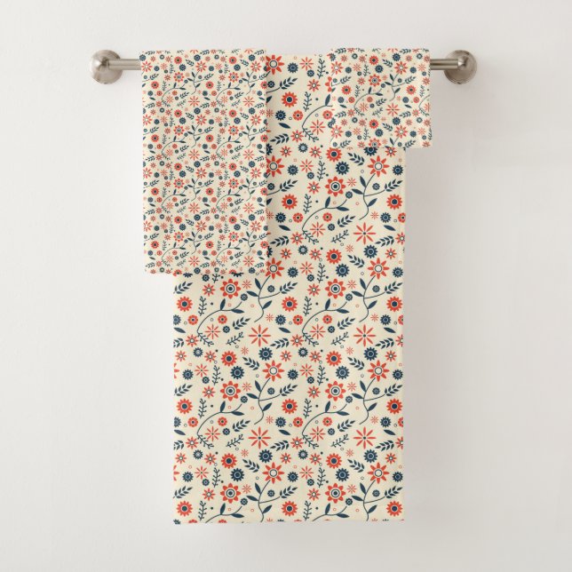 Aesthetic Orange and Blue Flower Pattern Bath Towel Set (Insitu)