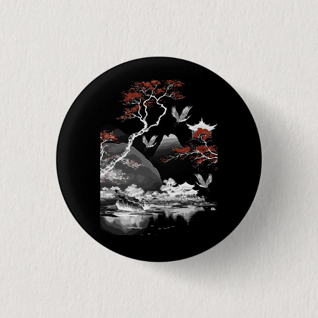 Aesthetic Painting Japanese Art Tree Cherry Blosso Button (Front)