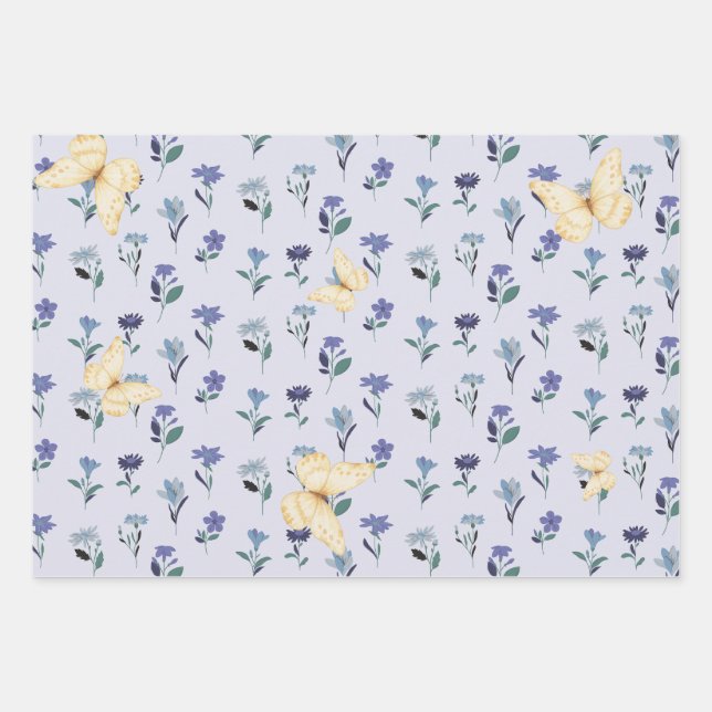 Aesthetic Pastel Butterfly and Wildflower Pattern  Wrapping Paper Sheets (Front)