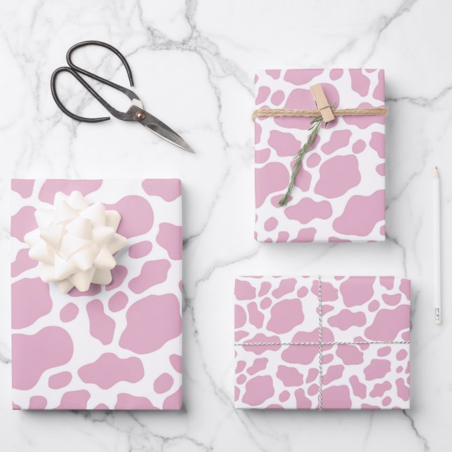 Aesthetic Pastel Pink Cow Print Pattern Wrapping Paper Sheets (Front)