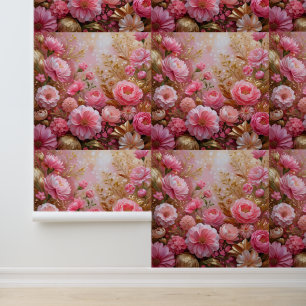 Aesthetic Pink and Gold Flower Wall Mural Wallpaper