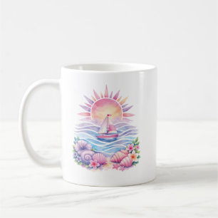 Aesthetic Pink Beach Sailboat Watercolor Sunset Coffee Mug