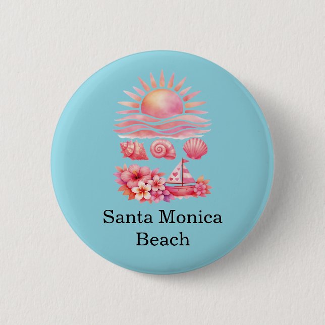 Aesthetic Pink Beach Sunset Watercolor Button (Front)