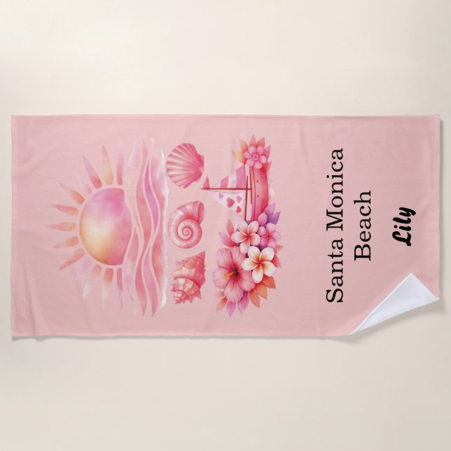 Aesthetic Pink Beach Sunset Watercolor Towel (Front)