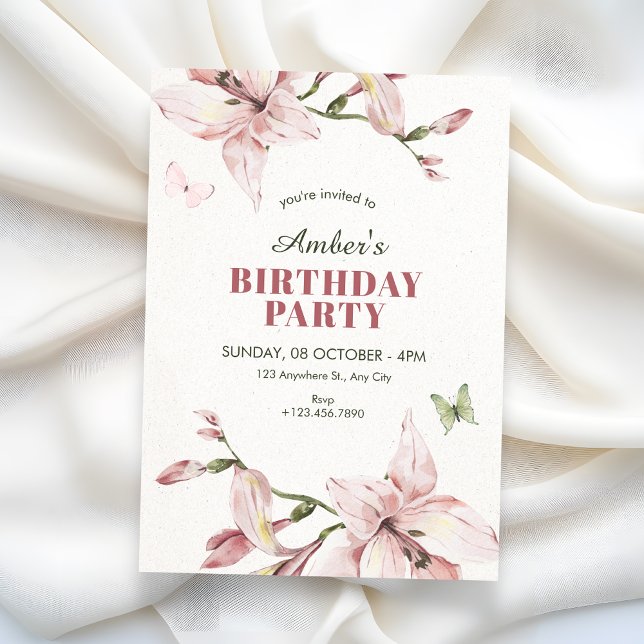 Aesthetic pink flower bloom birthday invitation (Creator Uploaded)