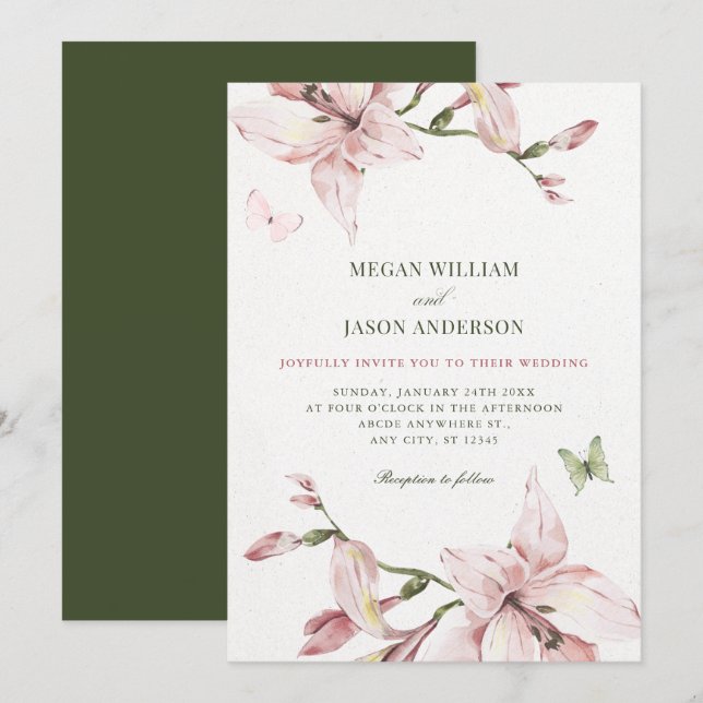 Aesthetic pink flower bloom wedding  invitation (Front/Back)