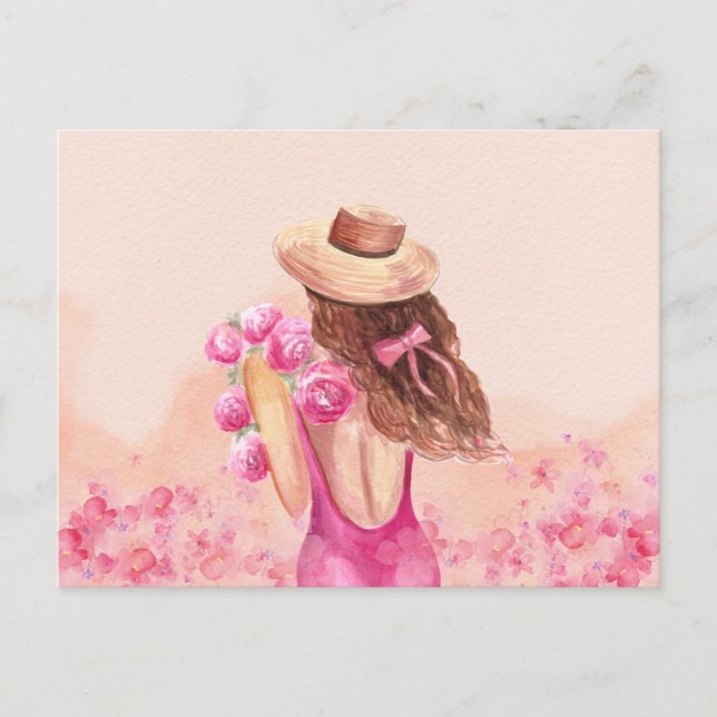 Aesthetic Pink flower bouquet girl Postcard (Front)