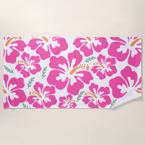 Aesthetic pink hibiscus repeating pattern beach towel