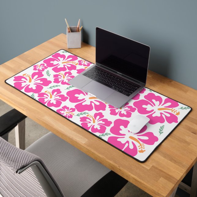 Aesthetic pink hibiscus repeating pattern desk mat (Office 2)