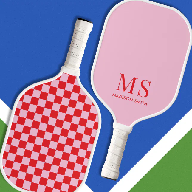Aesthetic Pink Red Checkered Monogram Pickleball Paddle
