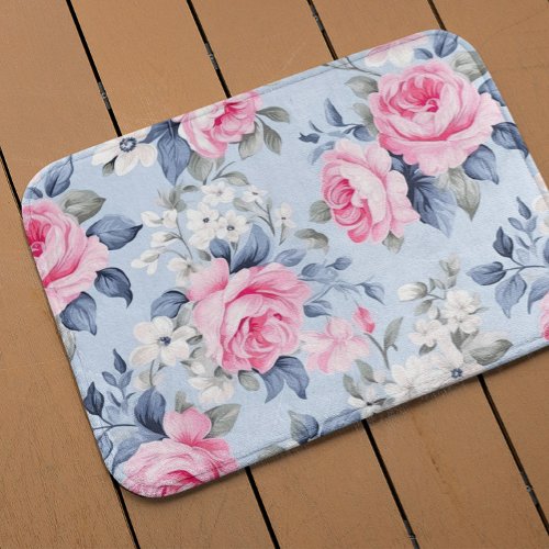 Aesthetic pink roses white flowers pattern bath mat