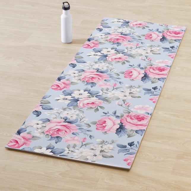 Aesthetic pink roses white flowers pattern yoga mat (In Situ)
