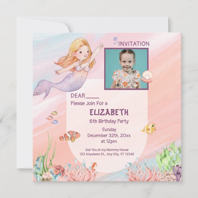 aesthetic Pink Water Color mermaid Birthday Card (Front)
