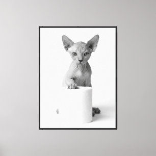 Aesthetic Playful Sphynx Cat Guarding Toilet Paper Canvas Print