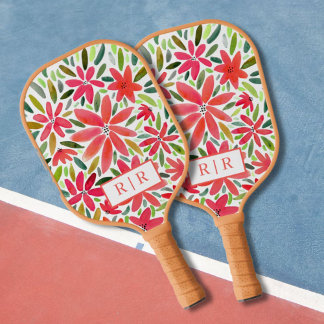 Aesthetic Pretty Monogram Initial Red Florals  Pickleball Paddle