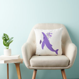 Aesthetic Purple Whale and Lilies 16x16 Square  Throw Pillow