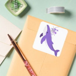 Aesthetic Purple Whale and Lilies Square Sticker
