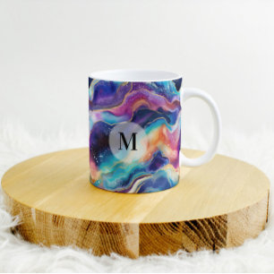 Aesthetic rainbow agate glitter texture monogram coffee mug