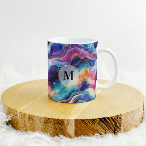 Aesthetic rainbow agate glitter texture monogram coffee mug