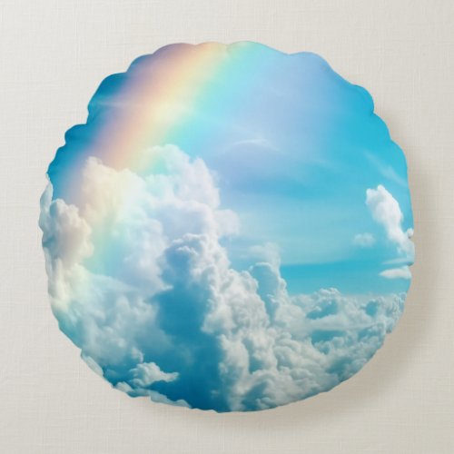 Aesthetic Rainbow and Clouds Round Pillow