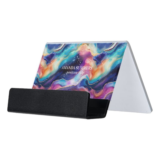 Aesthetic rainbow glitter agate texture desk business card holder (Angled Front)