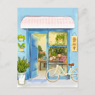 Aesthetic spring plants gardening with bicycle postcard