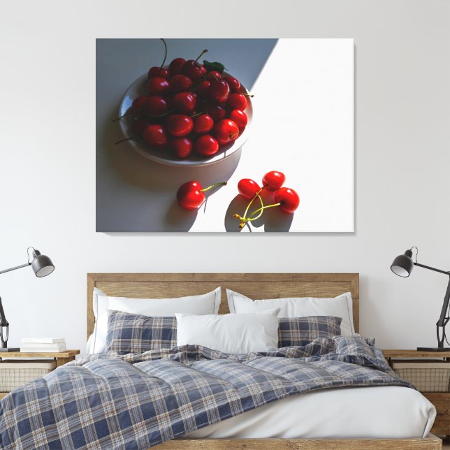 Aesthetic still life with ripe cherries on a white canvas print (Insitu(Bedroom))