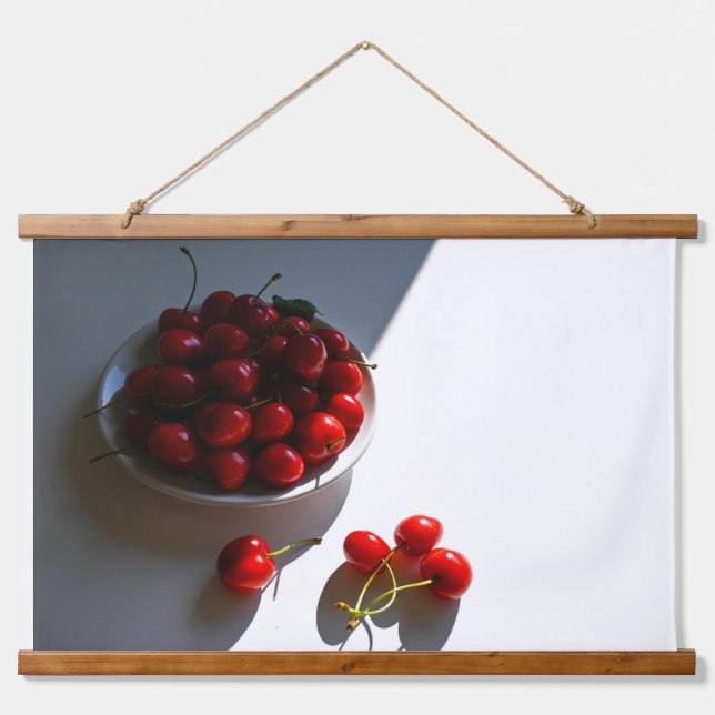 Aesthetic still life with ripe cherries on a white hanging tapestry (Front)