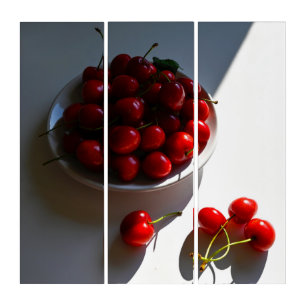 Aesthetic still life with ripe cherries on a white triptych