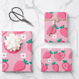 Aesthetic Strawberry Fruit Food Pink Wrapping Paper Sheets