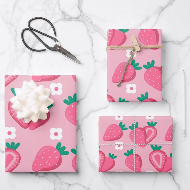Aesthetic Strawberry Fruit Food Pink Wrapping Paper Sheets (Front)