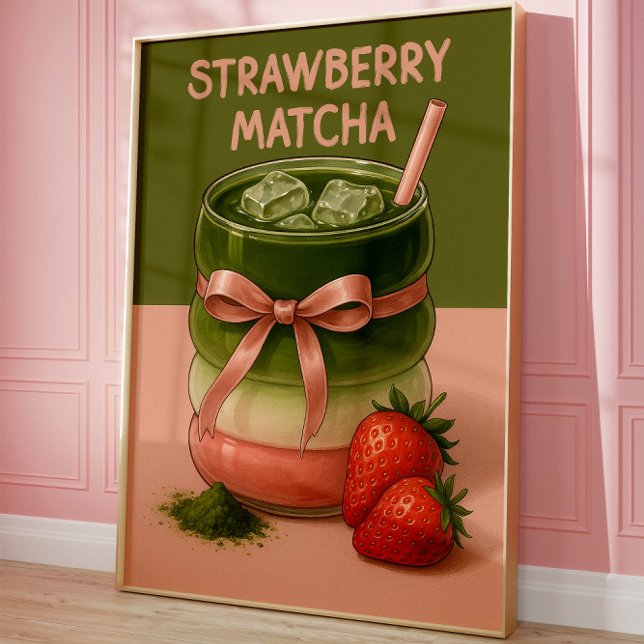 Aesthetic Strawberry Matcha Art Print, Food art  Poster (Matcha Lover Poster)