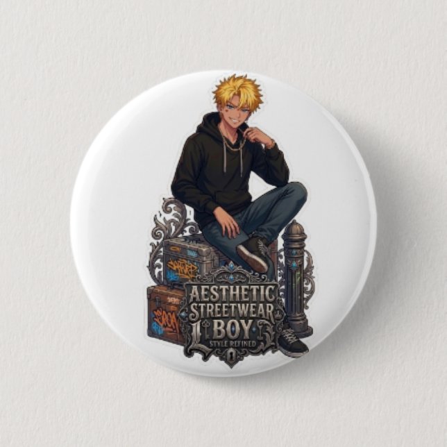 Aesthetic Streetwear Boy - Cool Anime  Button (Front)
