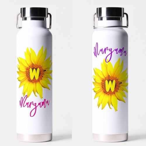 Aesthetic Sunflower, Trendy Girly Name &amp; Monogram  Water Bottle