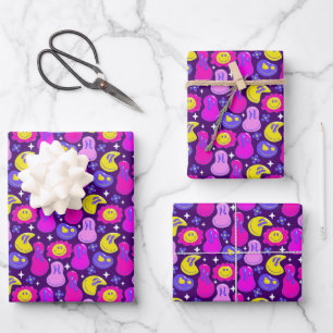 Aesthetic Trippy Psychedelic Y2K Face Daisy Wrapping Paper Sheets