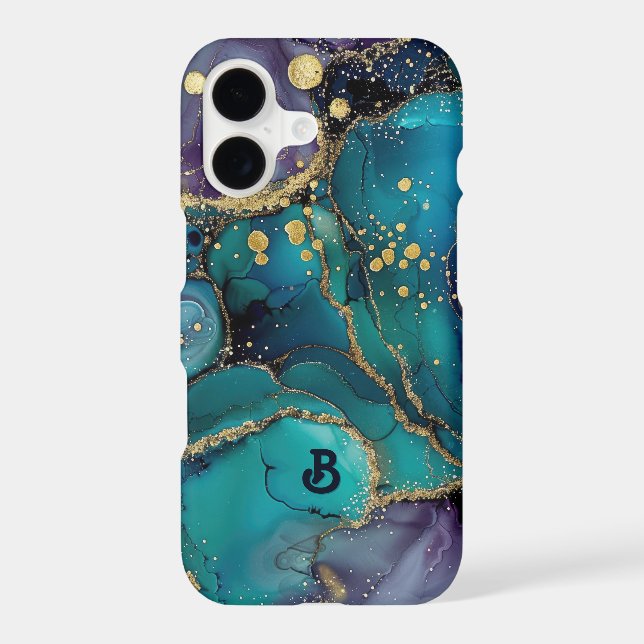 Aesthetic Turquoise & Gold Flowing Marble iPhone Case (Back)