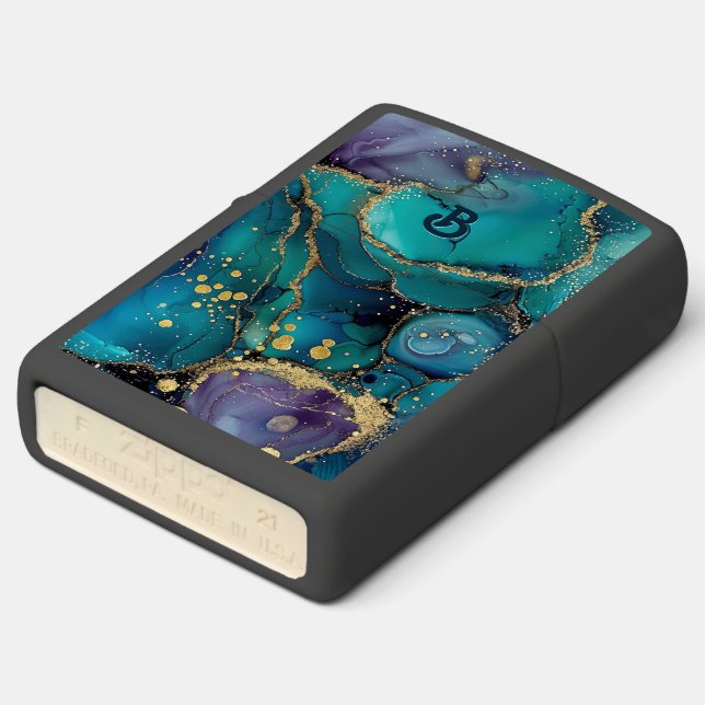 Aesthetic Turquoise & Gold Flowing Marble Zippo Lighter (Angled)