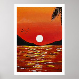 Aesthetic Vibrant Orange Sunset Painting Poster