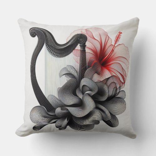 AESTHETIC VIOLIN HIBISCUS IN BLACK AND RED LINES  THROW PILLOW