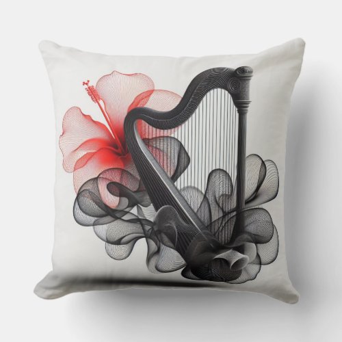 AESTHETIC VIOLIN HIBISCUS IN BLACK AND RED LINES THROW PILLOW