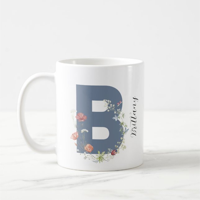 Aesthetic Watercolor Floral Letter B Monogram Coffee Mug (Left)