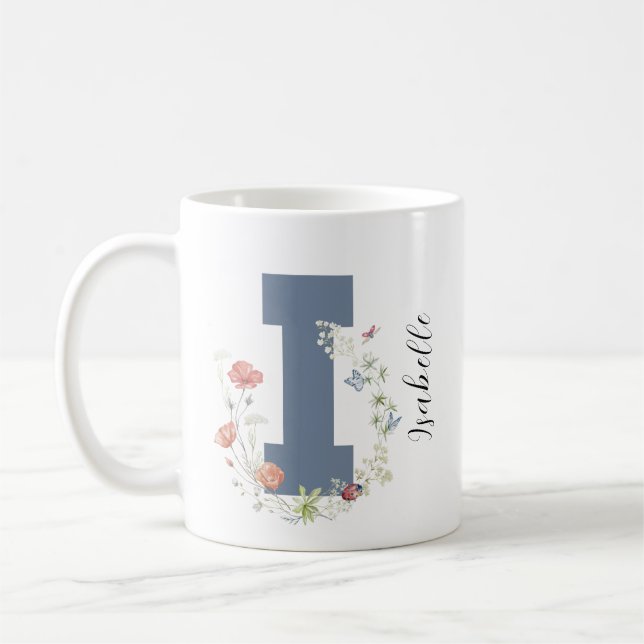 Aesthetic Watercolor Floral Letter i Monogram Coffee Mug (Left)