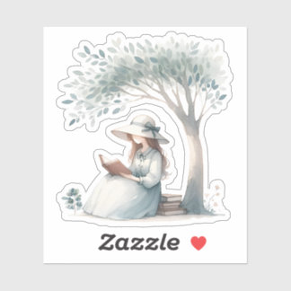 Aesthetic Watercolor girl reading a Book Lover Sticker