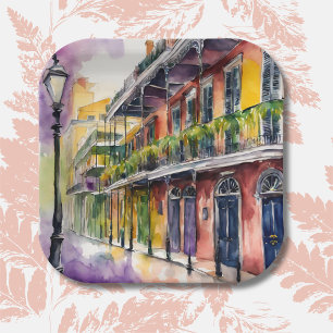 Aesthetic Watercolor Mardi Gras Bourbon Street Paper Plates