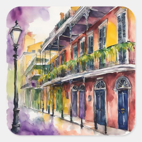 Aesthetic Watercolor Mardi Gras Bourbon Street Square Sticker