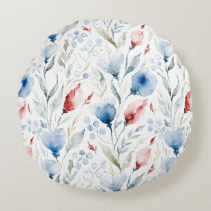 Aesthetic Watercolor Patriotic Wildflowers Round Pillow