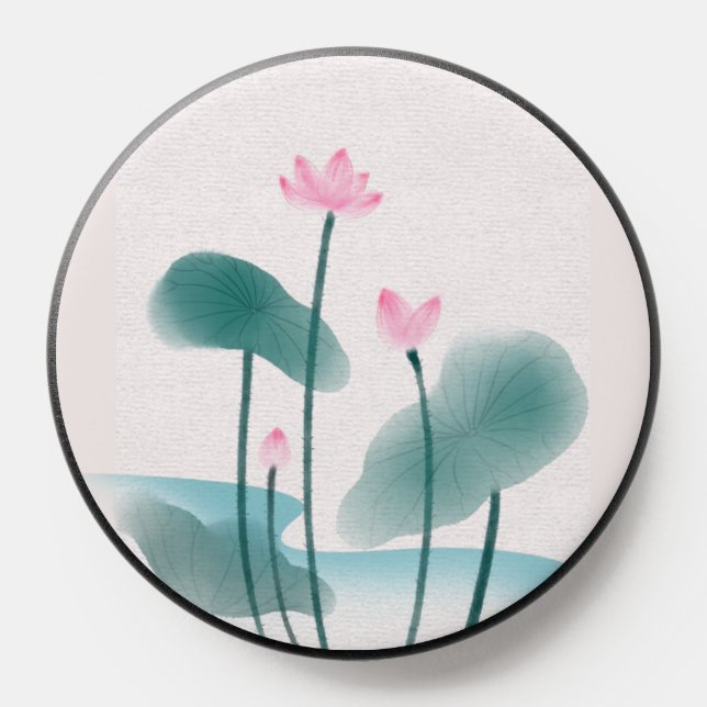 Aesthetic Watercolor Pink Lotus Flowers & Leaves PopSocket (Popsocket)
