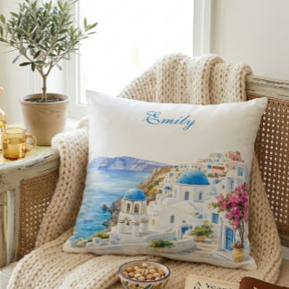 Aesthetic Watercolor Santorini Greece Custom Name Throw Pillow