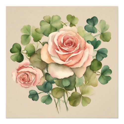 Aesthetic Watercolor St Patricks Day Shamrock Rose Photo Print